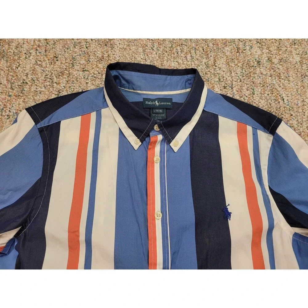 Ralph Lauren Striped Button Down Shirt Boys Large 14-16 Blue Orange Cotton